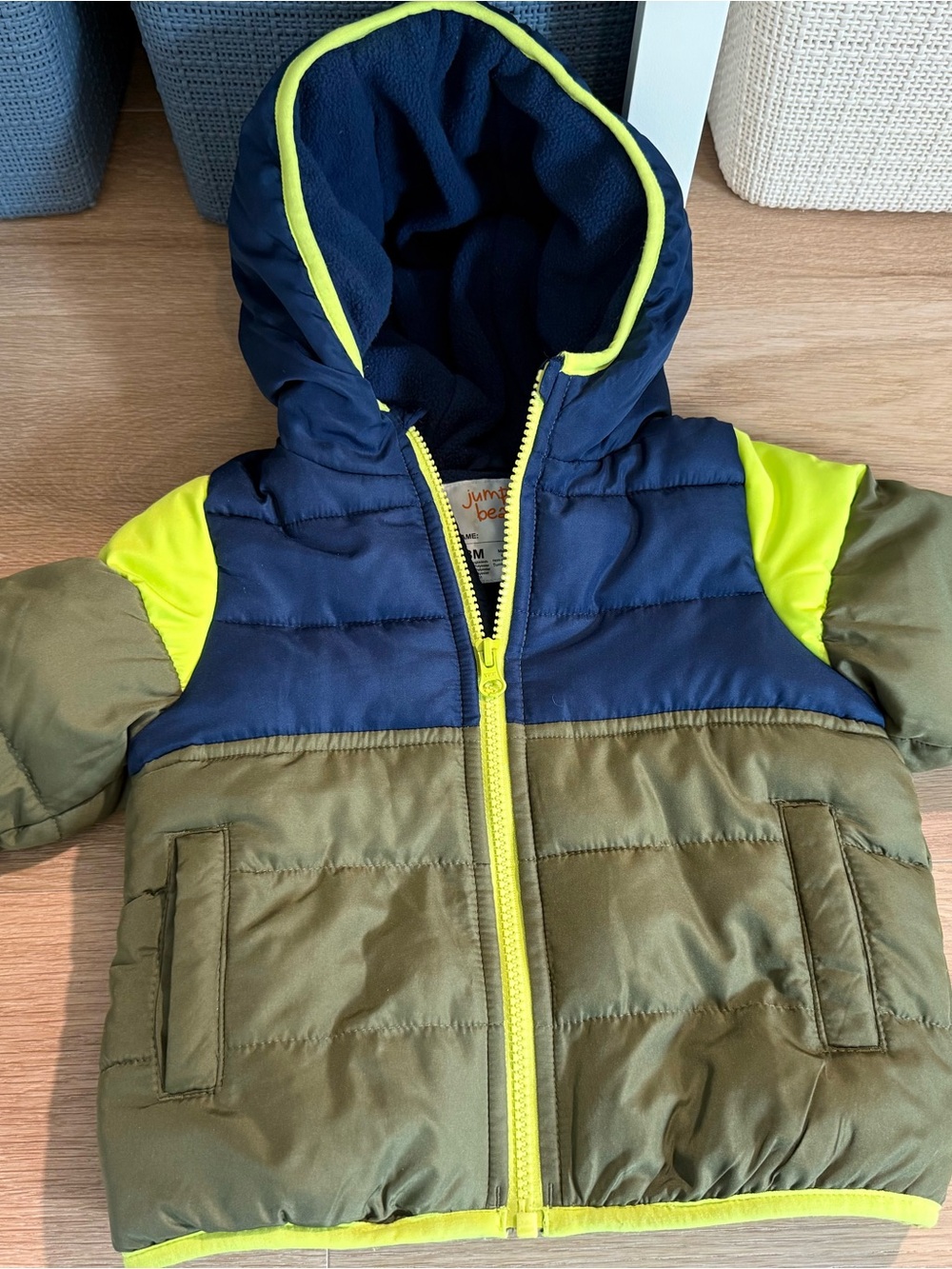 jumping beans Olive, Navy & Neon Yellow Kids Puffer Jacket